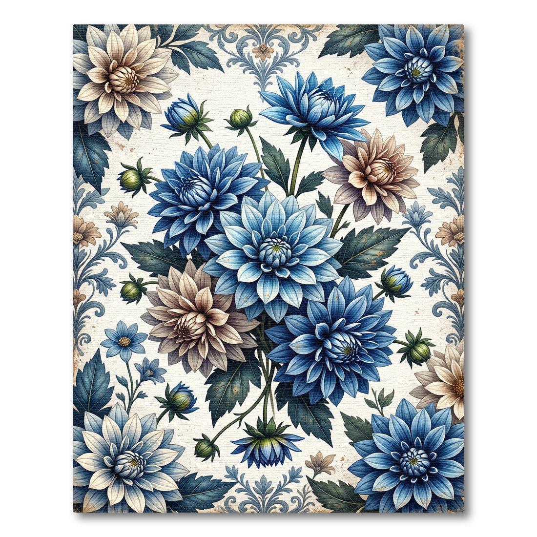 Blue White Dahlia Floral Bouquet Rug