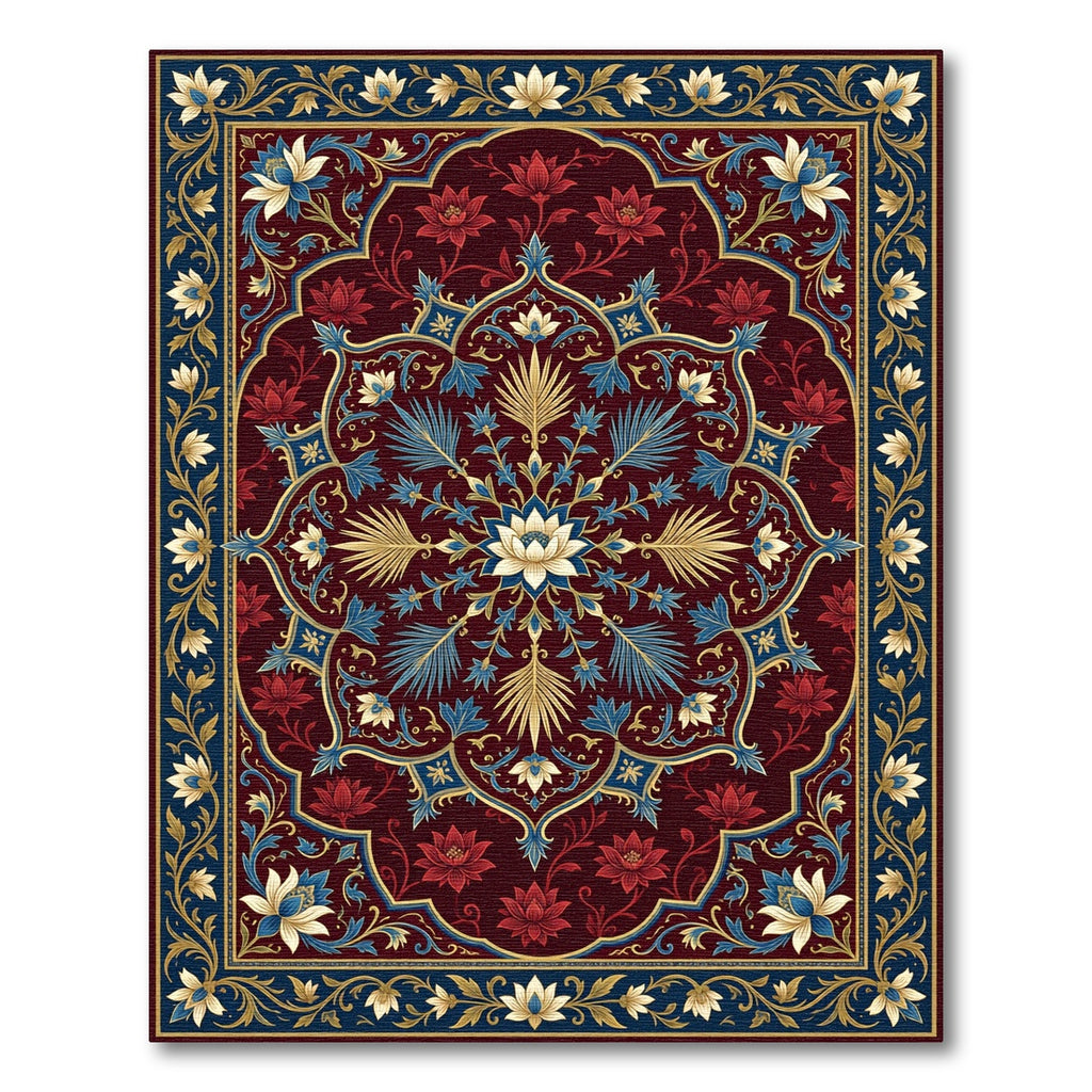 Rich Crimson Floral Medallion With Blue Rug