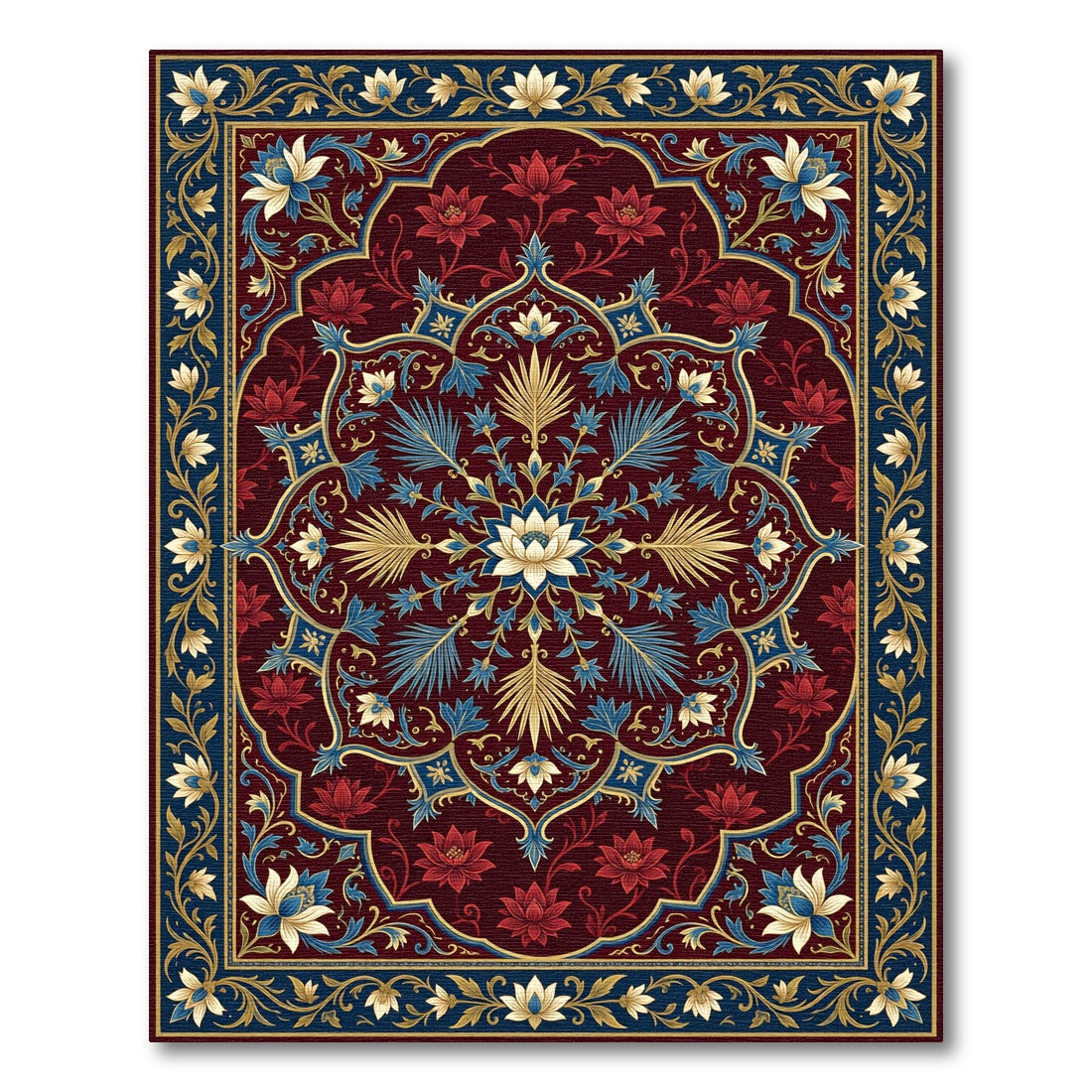 Rich Crimson Floral Medallion With Blue Rug