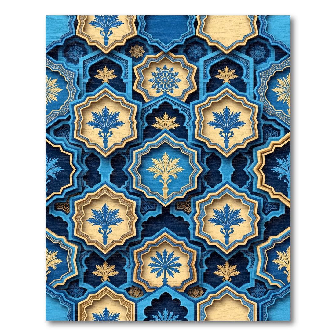 Azure Golden Starburst Tile Arrangement Rug