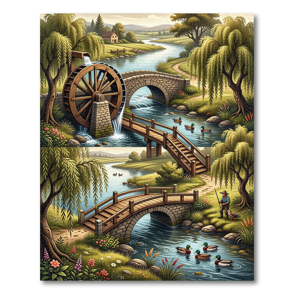 Pastoral River Landscape Bridge Scene Rug