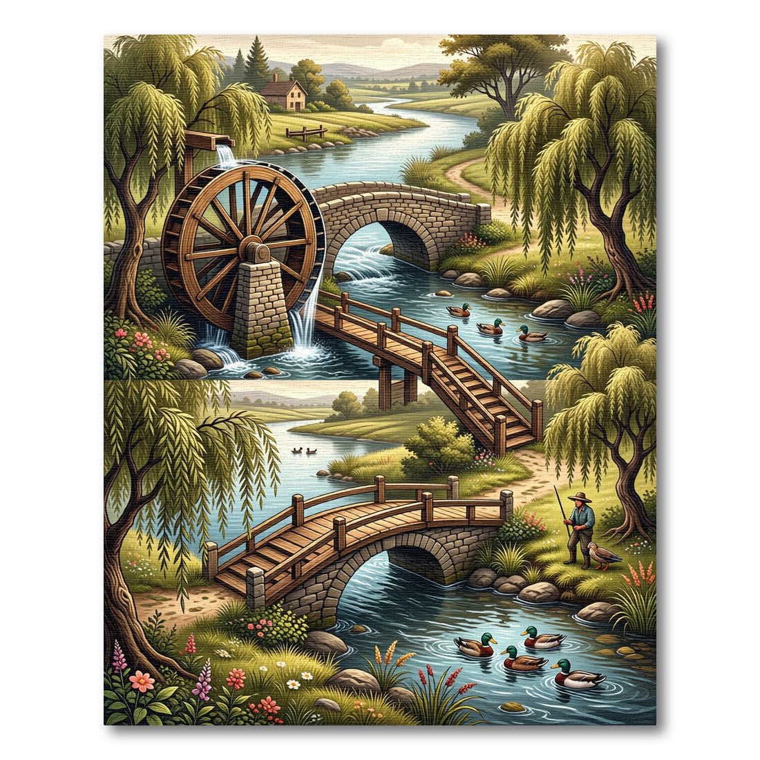 Pastoral River Landscape Bridge Scene Rug
