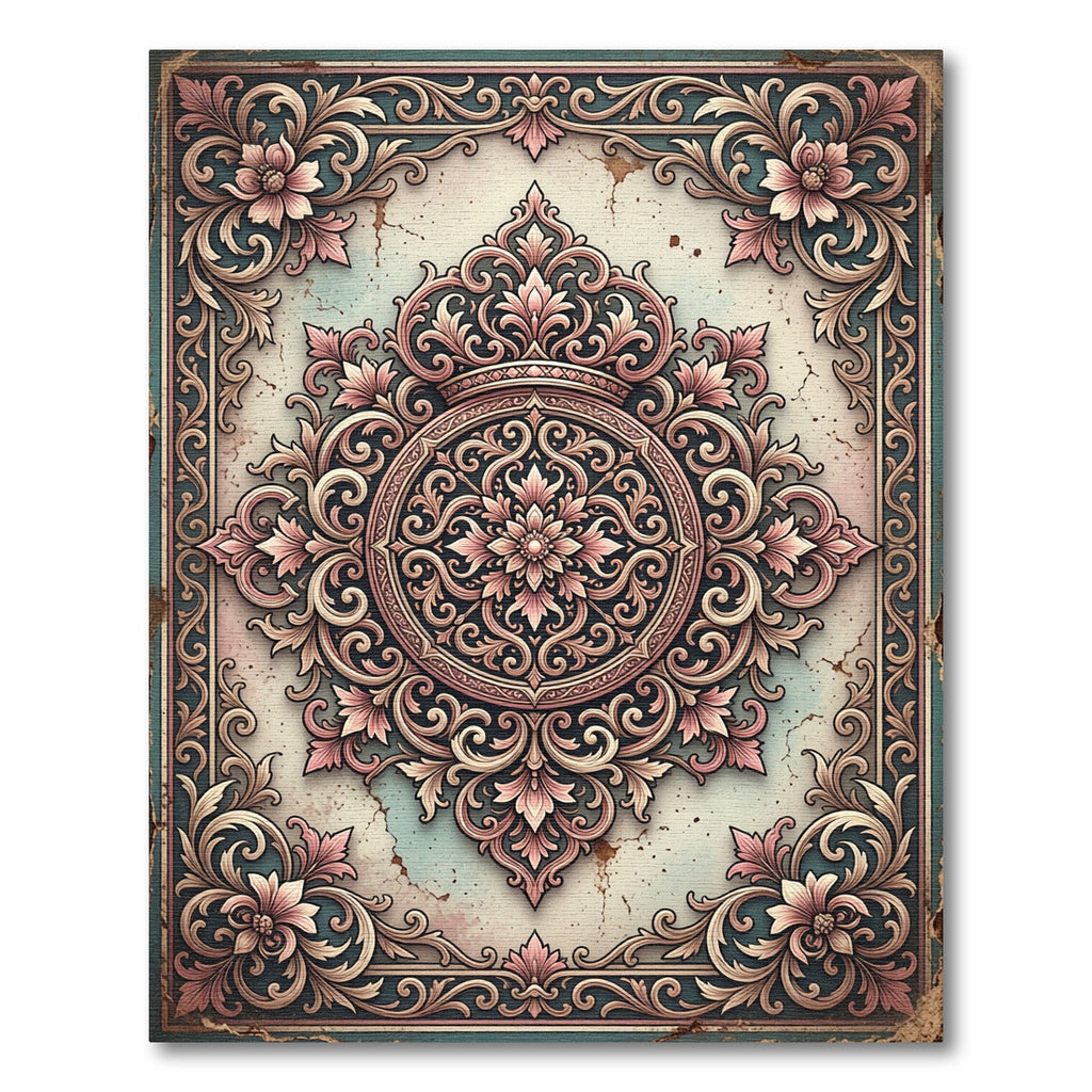 Antique Pink Floral Scroll Medallion Rug