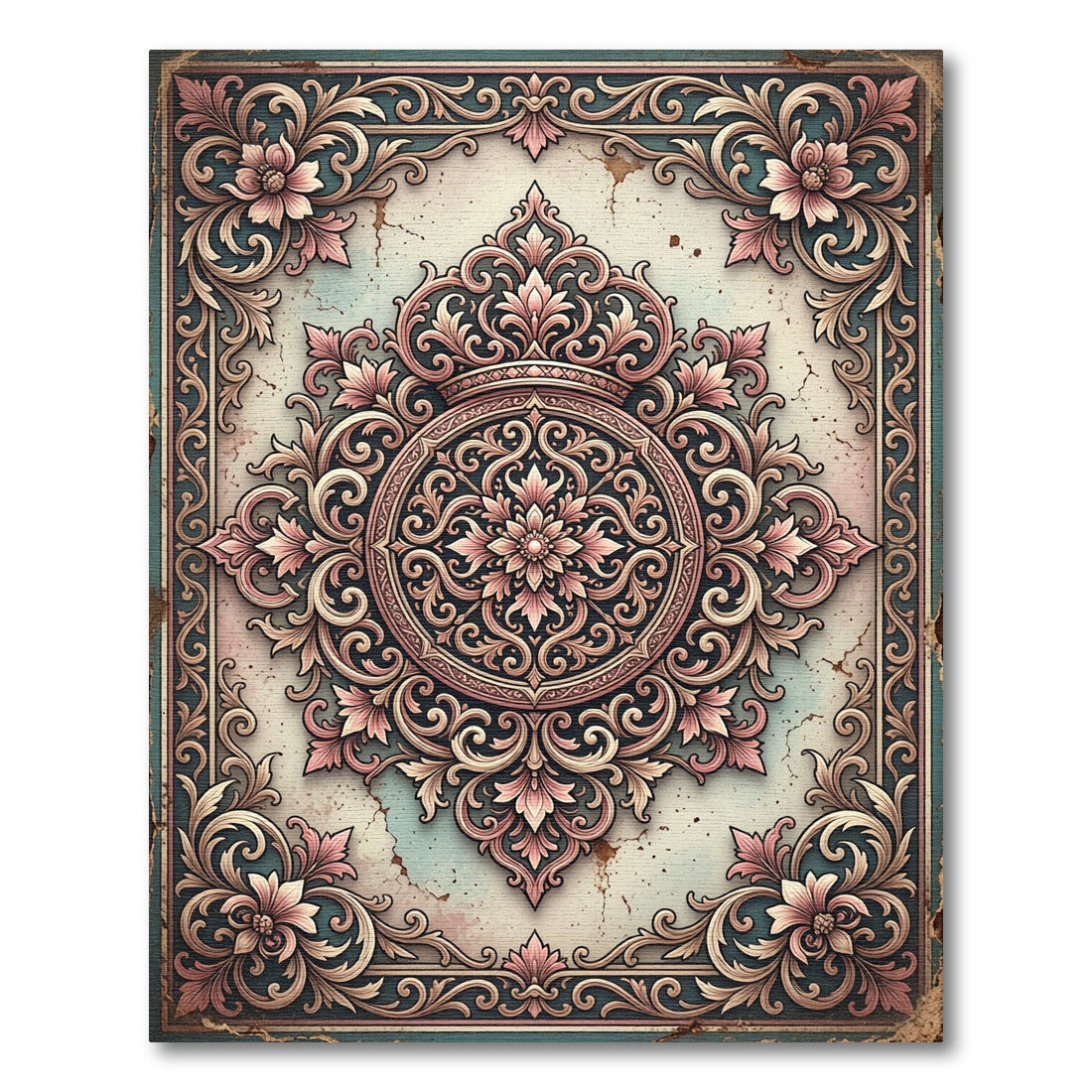 Antique Pink Floral Scroll Medallion Rug
