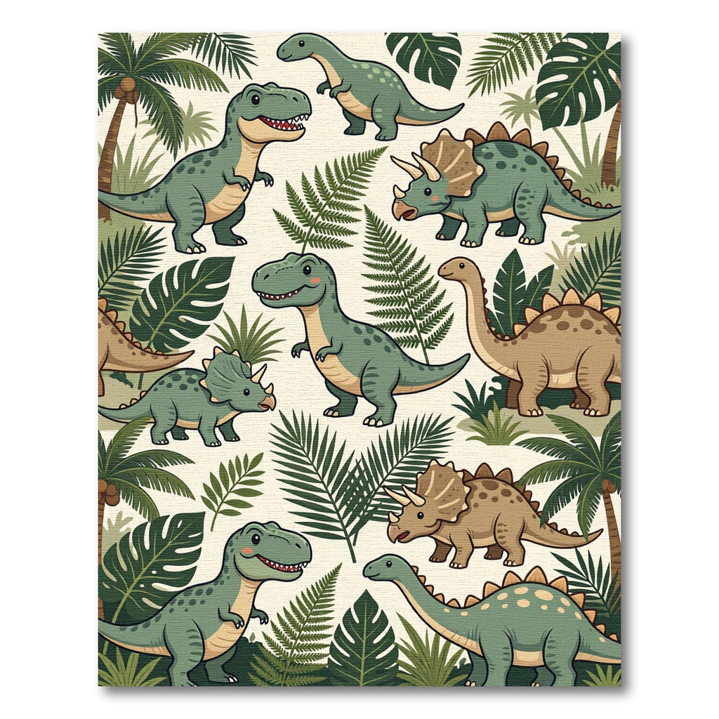 Cute Green Dinosaur Jungle Botanical Rug