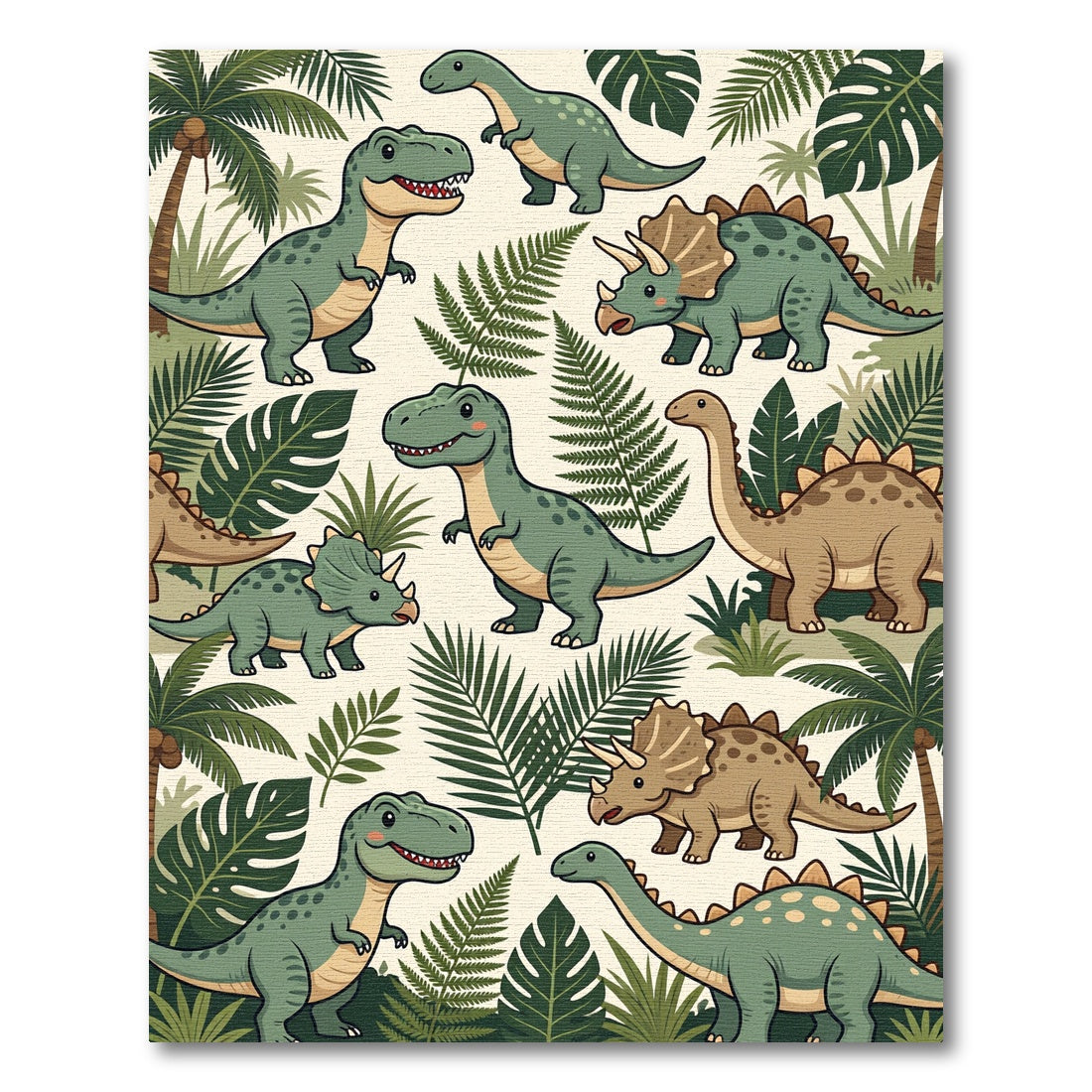 Cute Green Dinosaur Jungle Botanical Rug