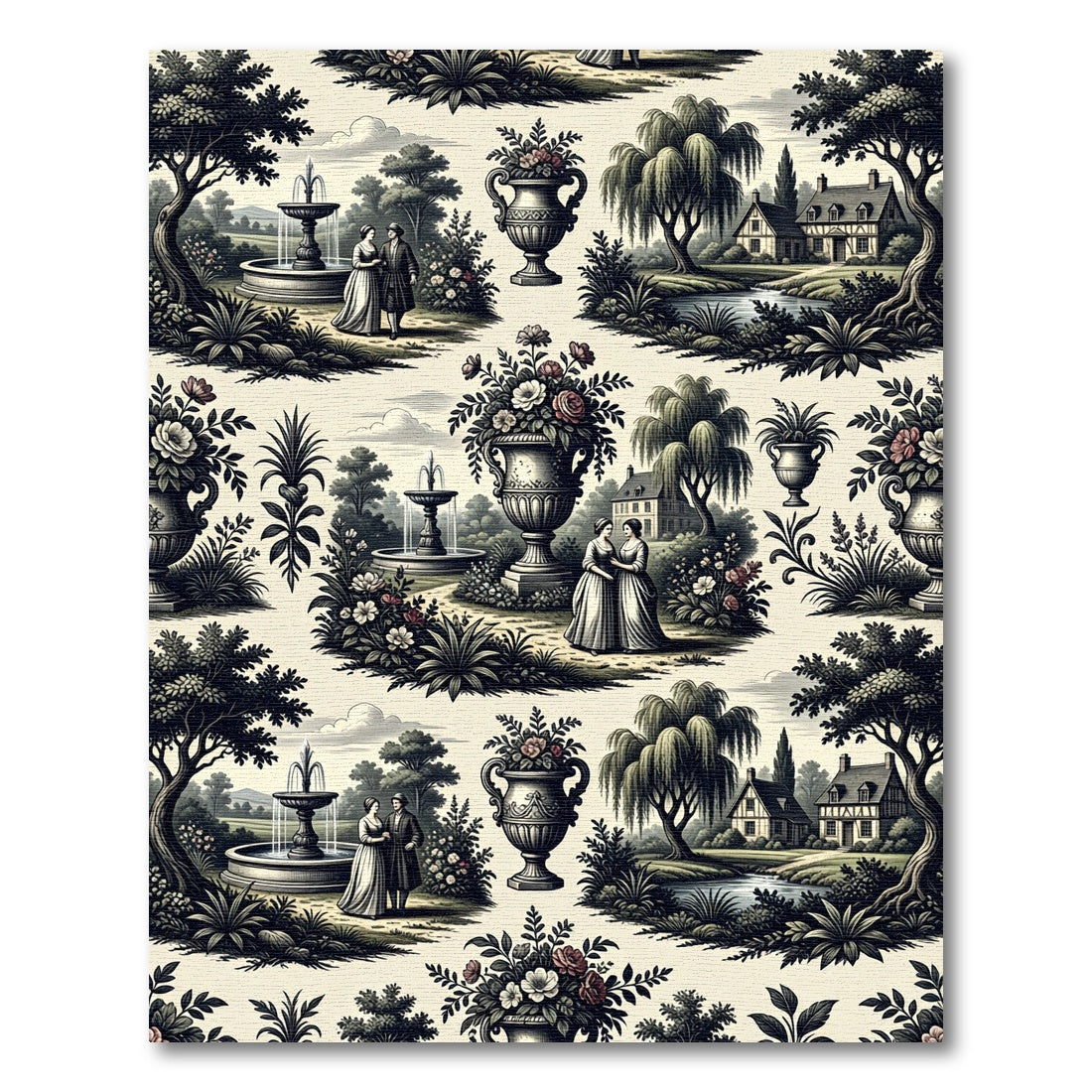 Classic Garden Couple Fountains Willow Trees Rug