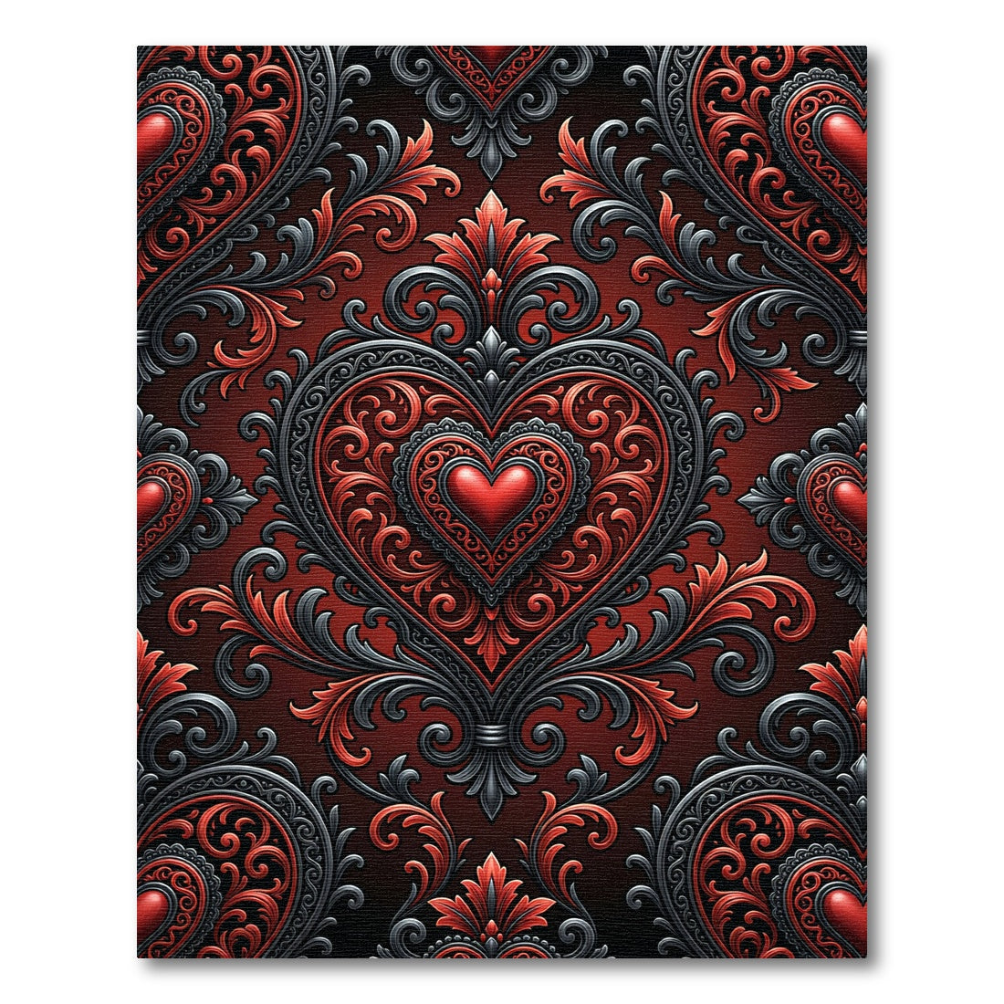 Ornate Red Black Heart Damask Rug