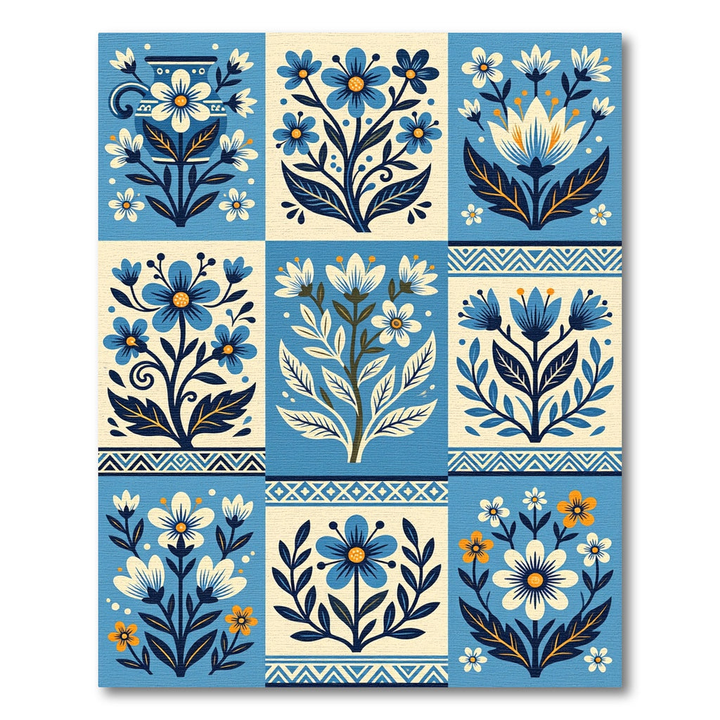 Blue White Floral Botanical Garland Rug