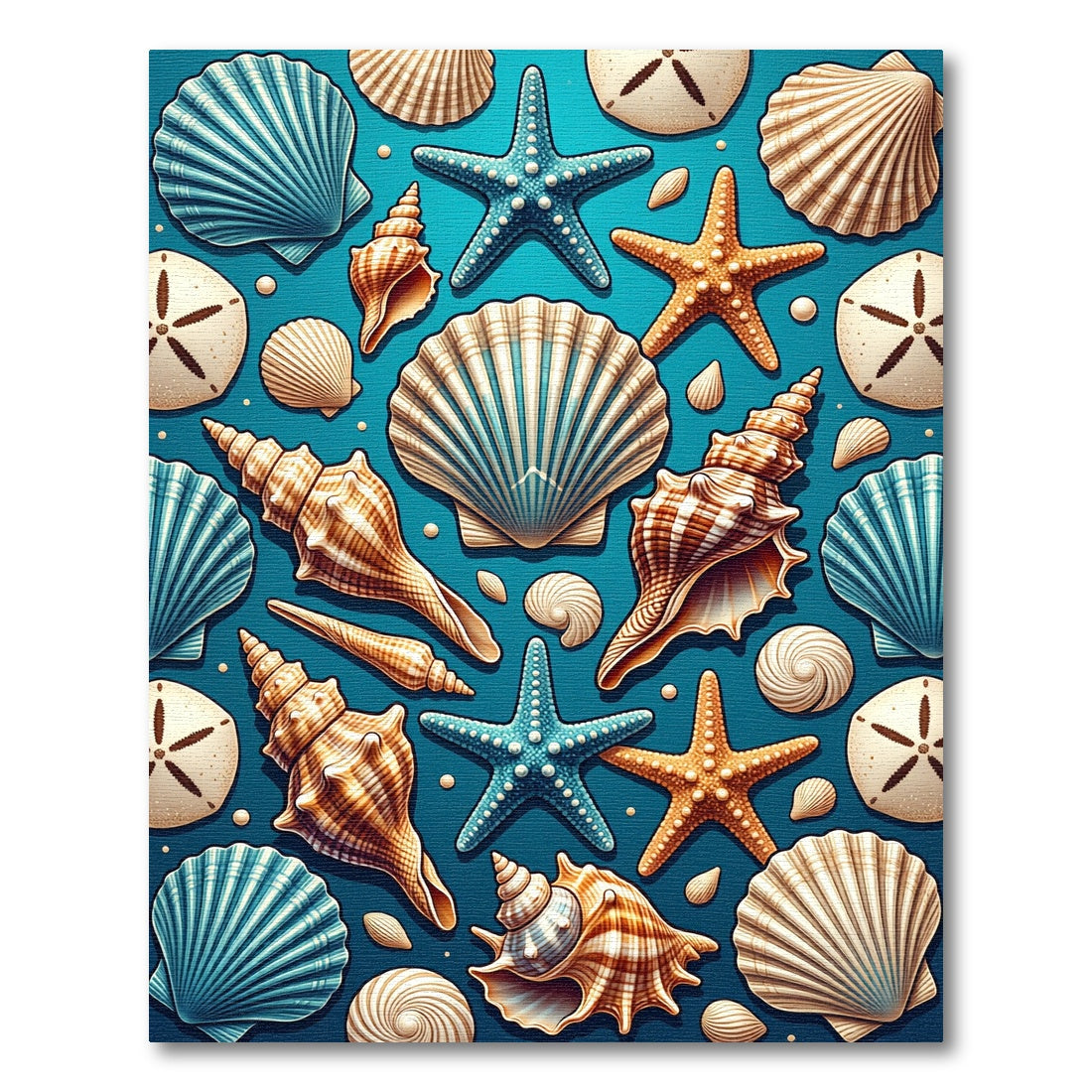 Coastal Blue Seashells and Starfish Art Rug
