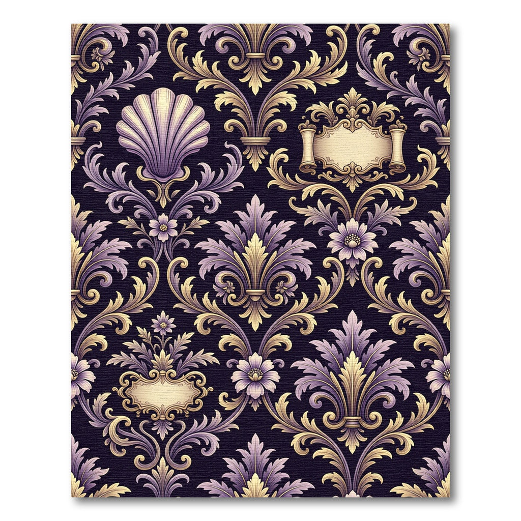 Ornate Purple Gold Damask Scroll Rug