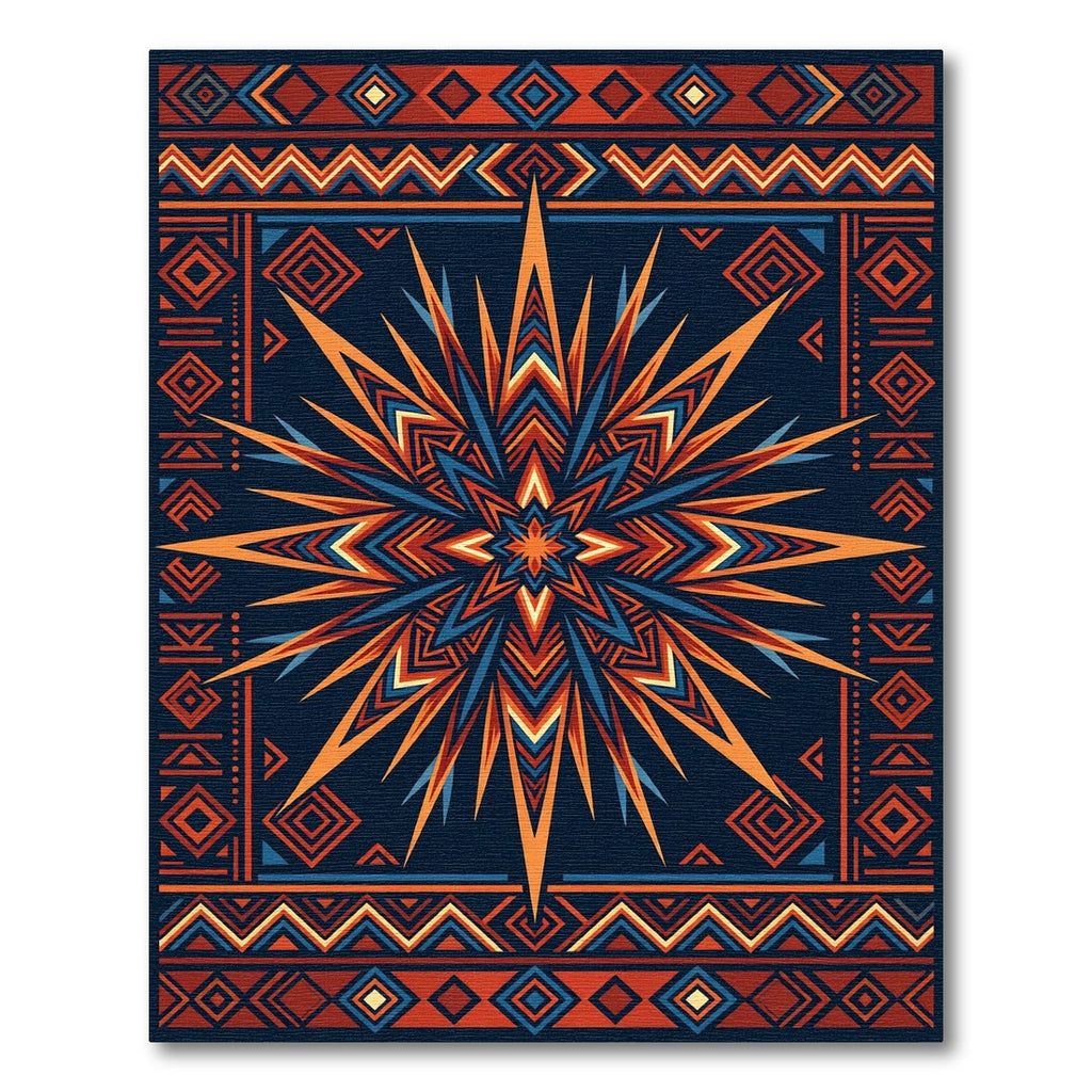 Bold Geometric Sunburst With Tribal Border Rug