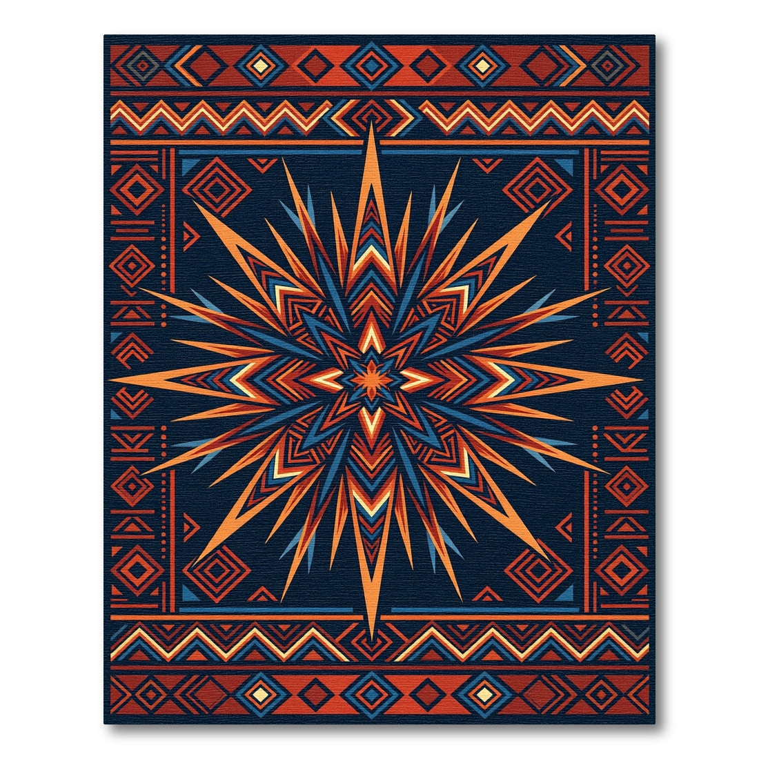 Bold Geometric Sunburst With Tribal Border Rug