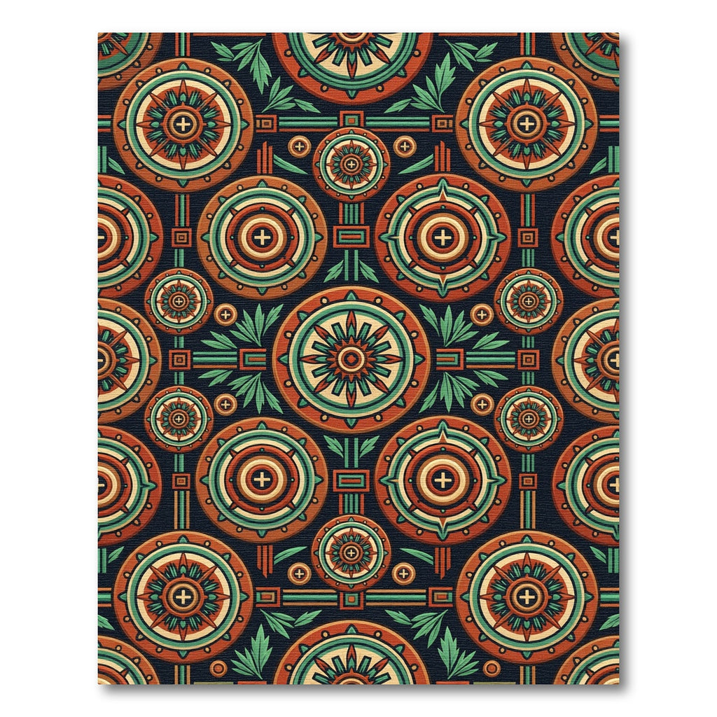 Circular Terra Cotta Geometric Aztec Medallion Rug