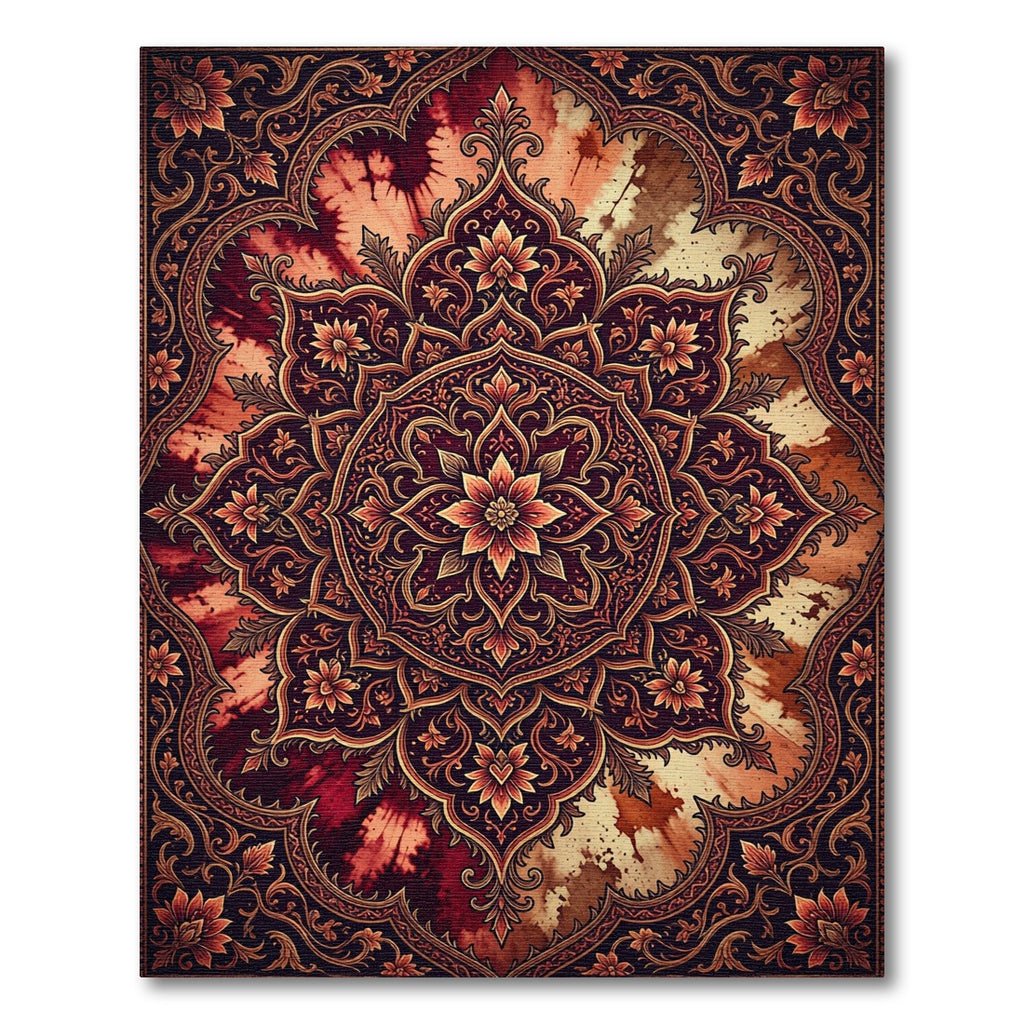 Rich Burgundy Floral Medallion Tie Dye Rug