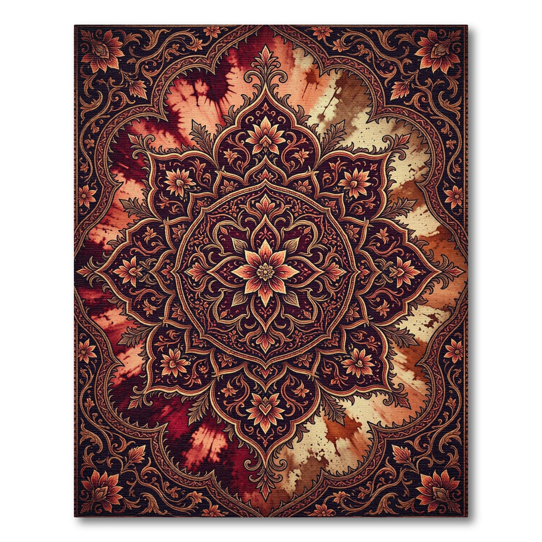 Rich Burgundy Floral Medallion Tie Dye Rug