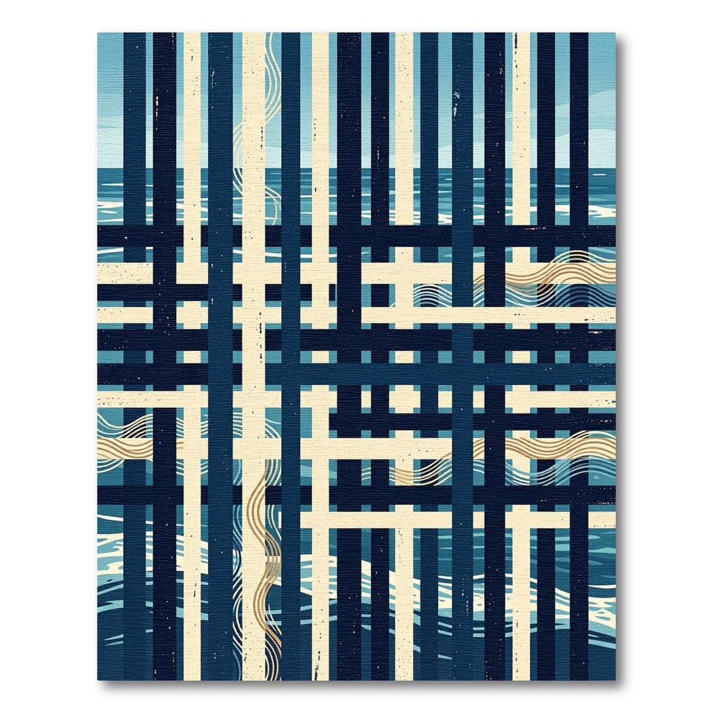 Abstract Navy Cream Geometric Grid Wave Rug