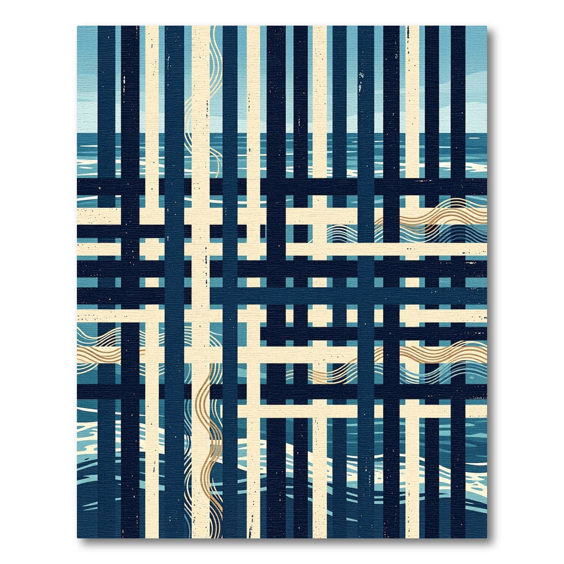 Abstract Navy Cream Geometric Grid Wave Rug
