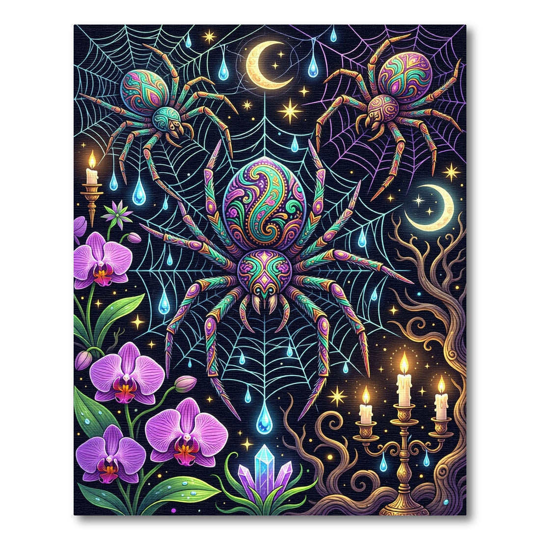 Mystical Neon Spider Web Floral Moon Rug