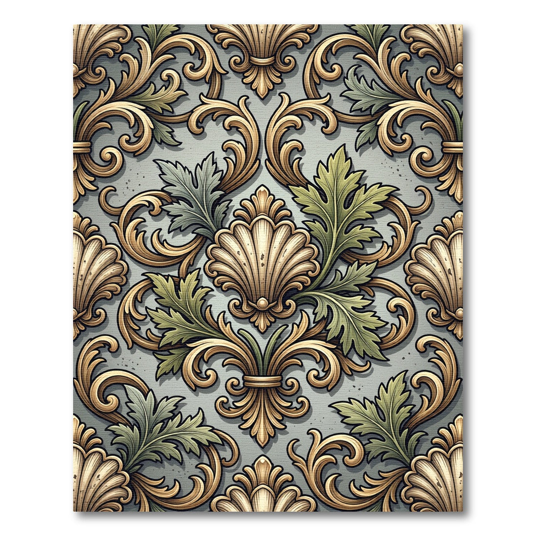 Ornate Sage and Gold Acanthus Scrollwork Rug