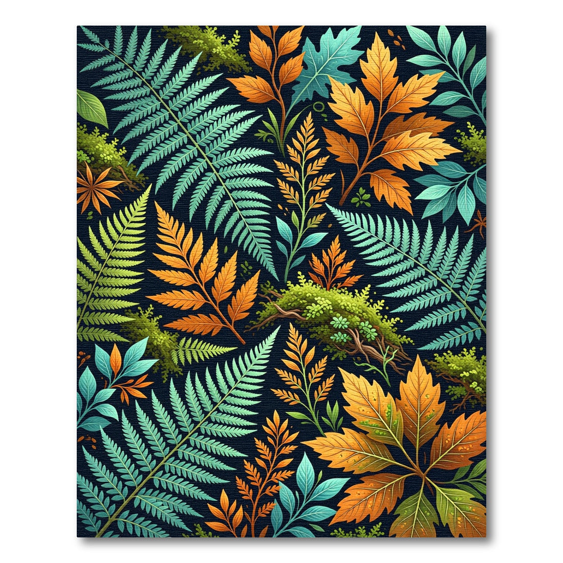 Botanical Fern and Autumn Leaf Collage Rug