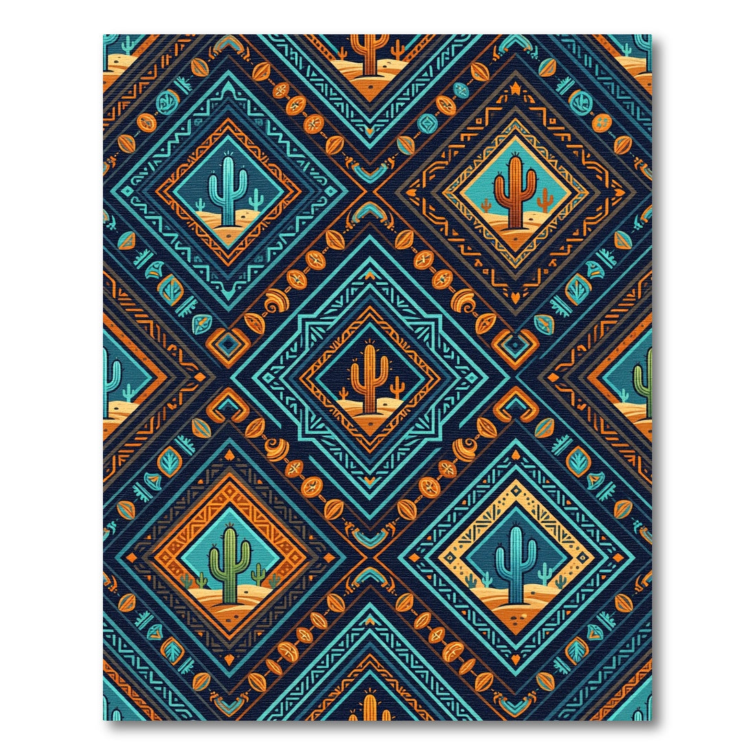 Vibrant Teal and Orange Desert Cactus Diamond Rug