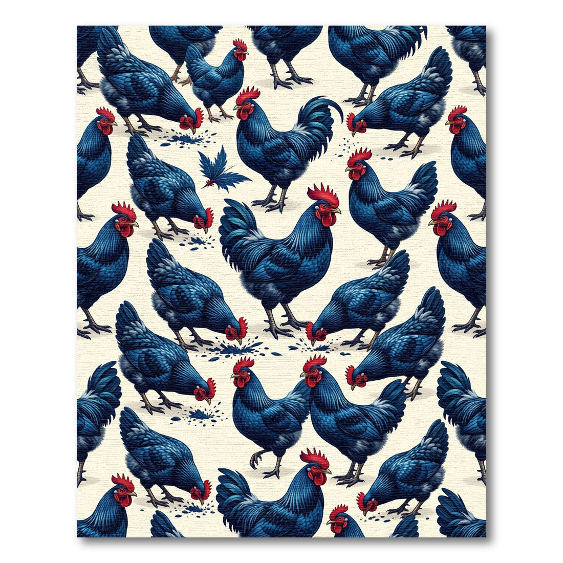 Elegant Indigo Rooster Farmyard Illustration Rug