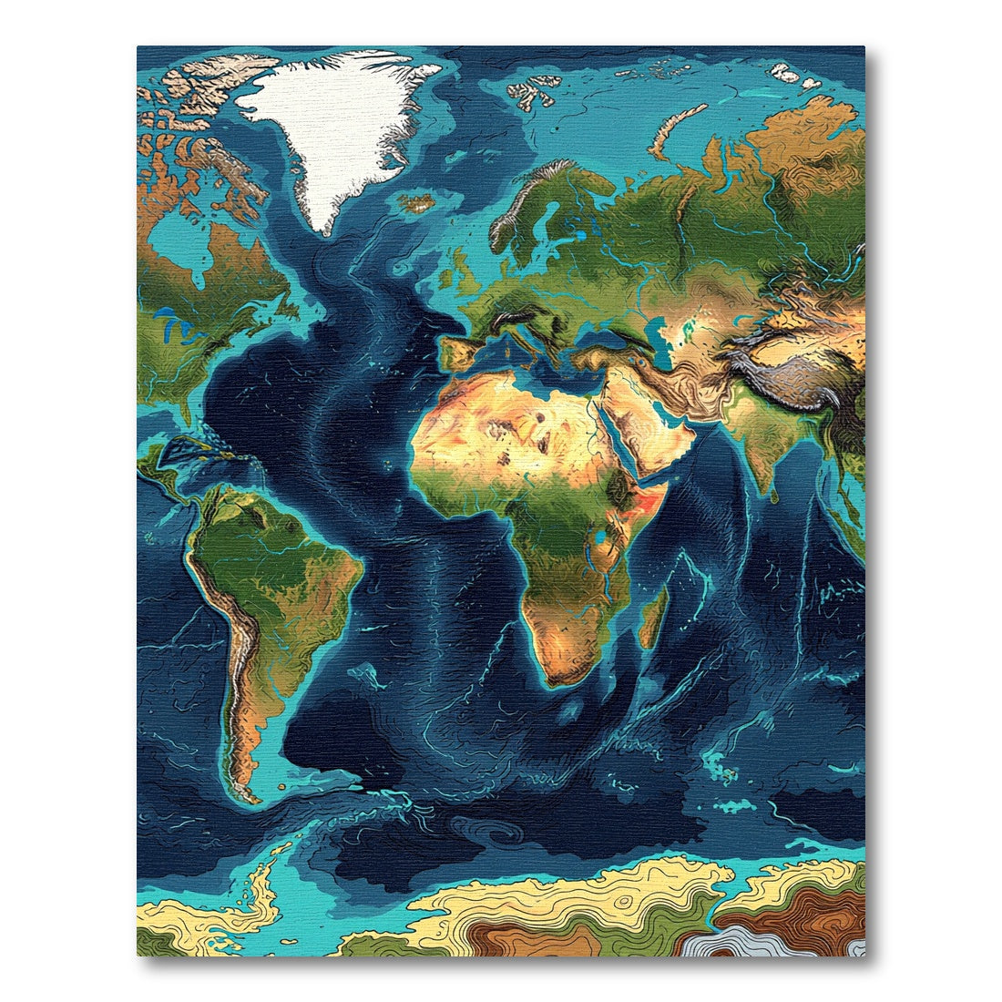 Deep Blue World Map Topographic Art Rug
