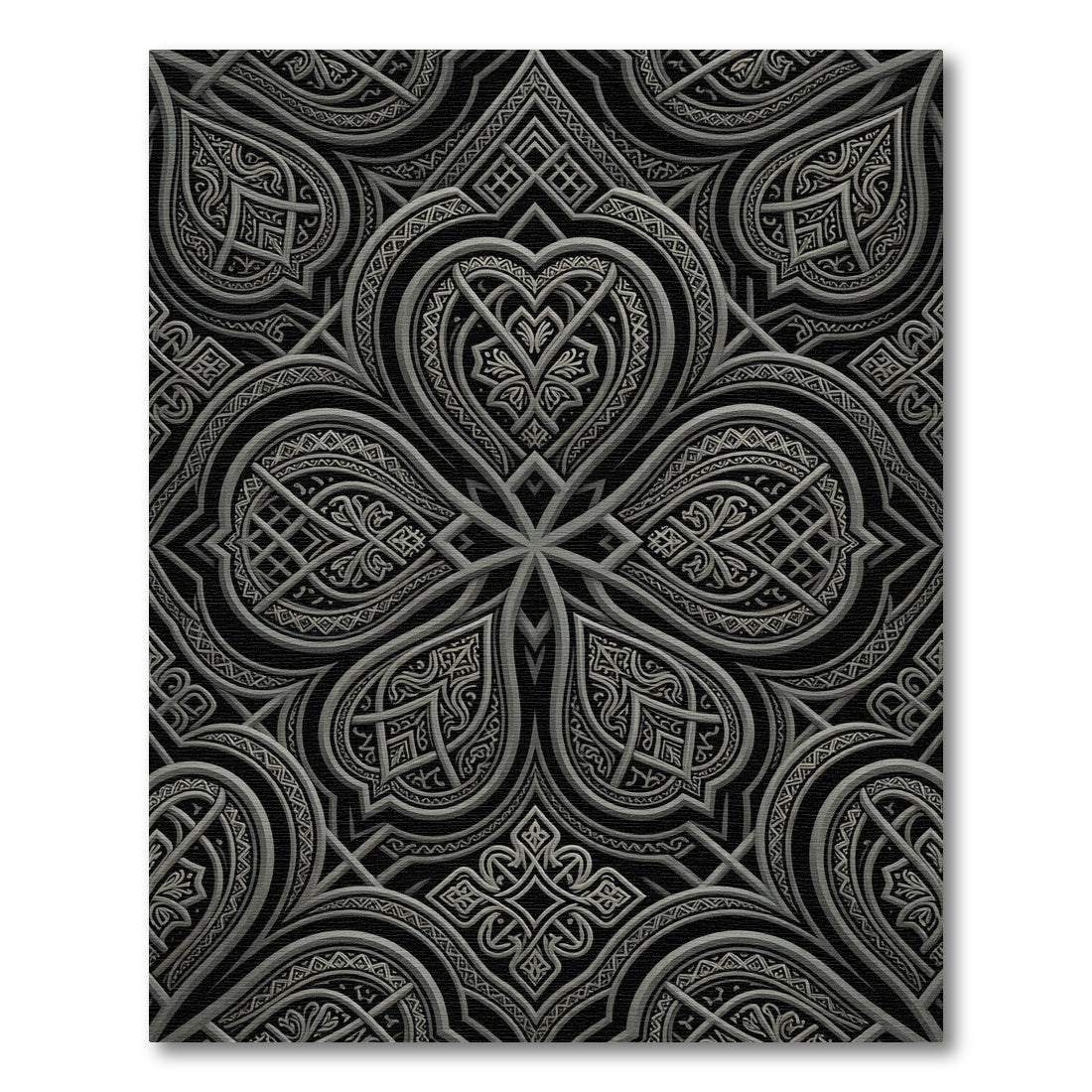 Ornate Black Silver Interlocking Scrolls Rug