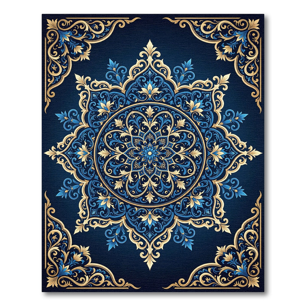 Ornate Blue Gold Mandala Intricate Art Rug