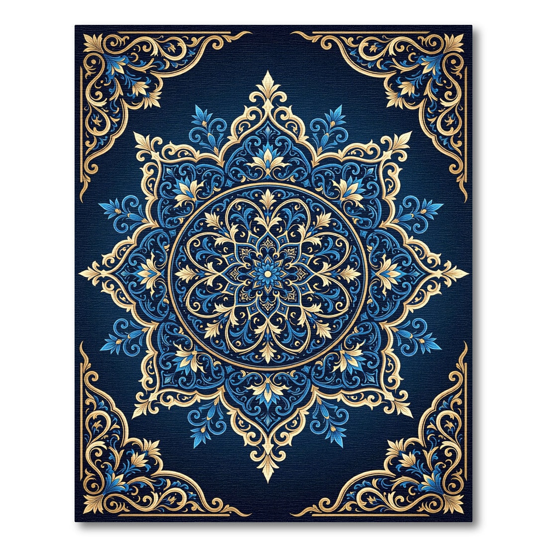 Ornate Blue Gold Mandala Intricate Art Rug