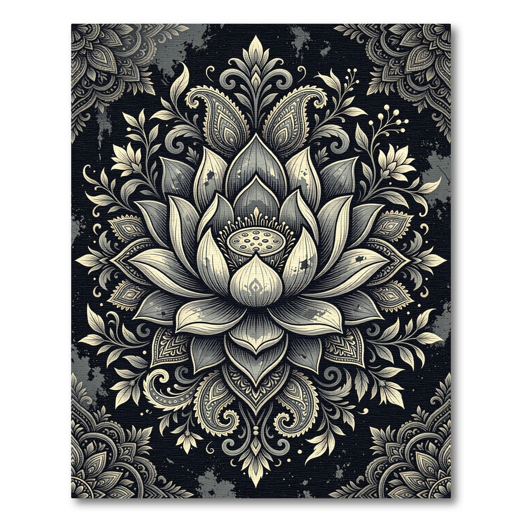 Elegant Charcoal Monochrome Lotus Bloom Rug