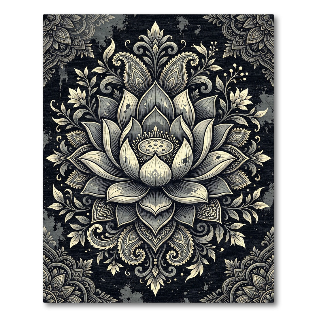Elegant Charcoal Monochrome Lotus Bloom Rug