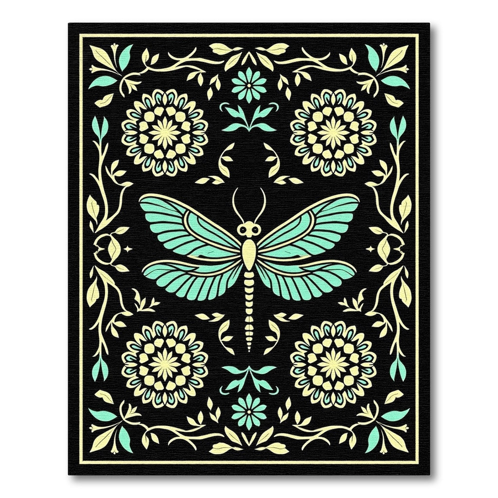 Aqua Yellow Dragonfly Floral Border Rug