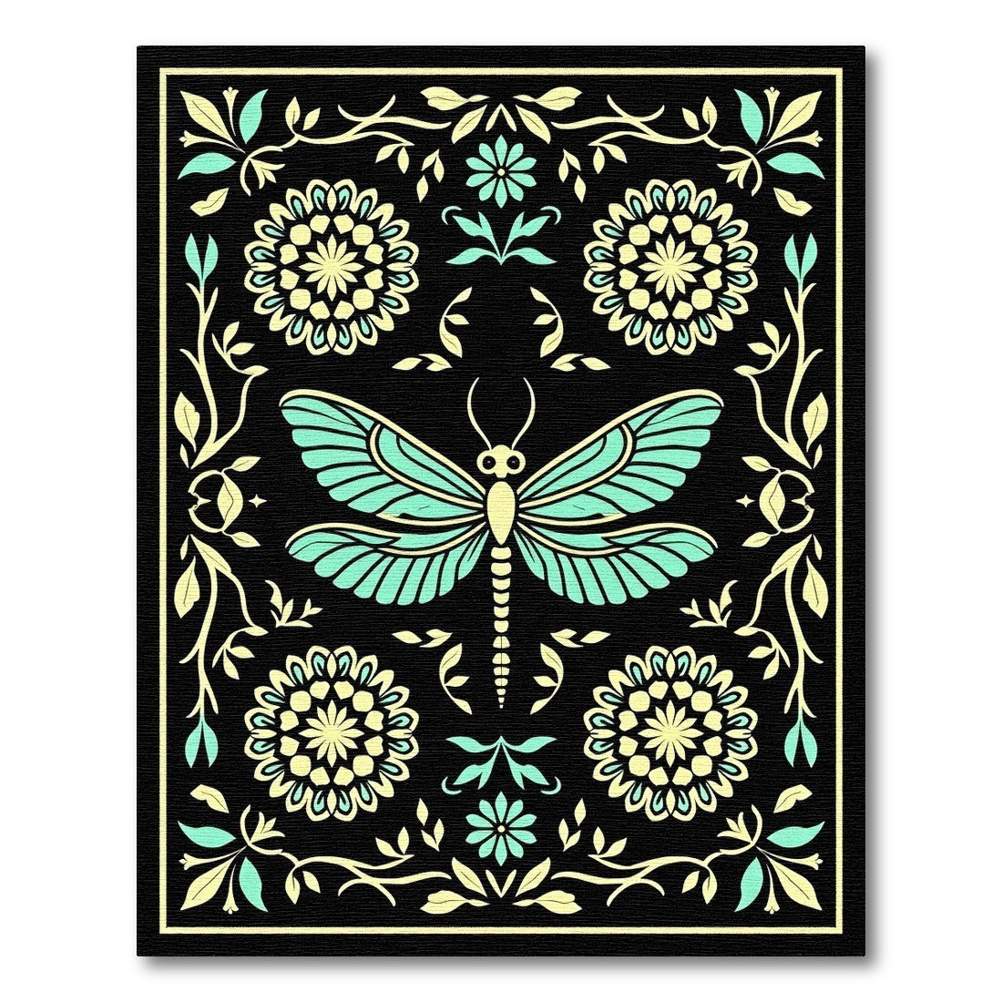 Aqua Yellow Dragonfly Floral Border Rug