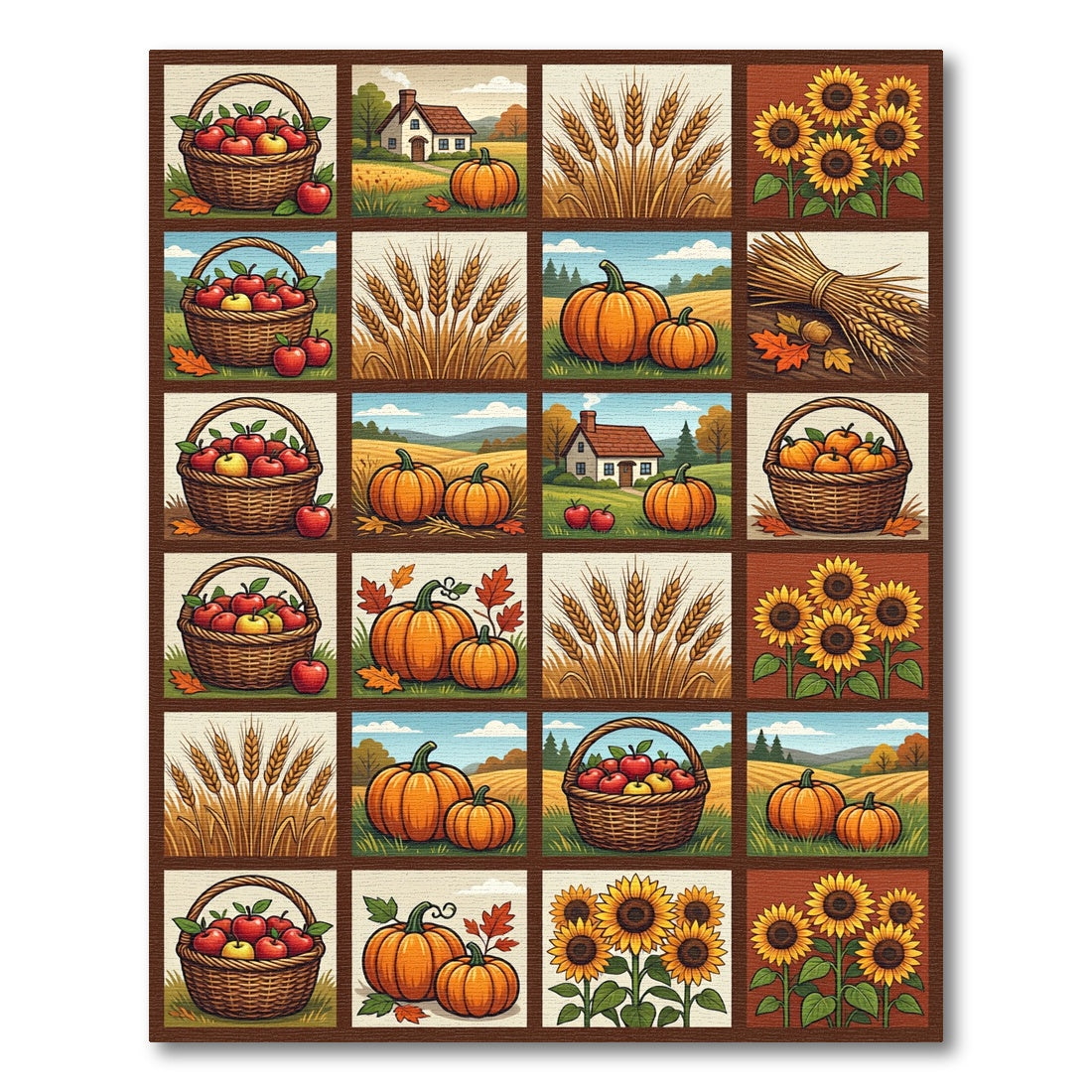 Autumn Harvest Pumpkin Wheat Sunflowers Grid Rug