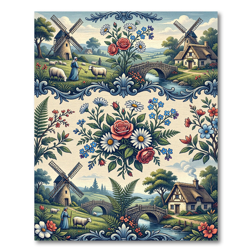 Pastoral Floral Cottage Toile Landscape Rug