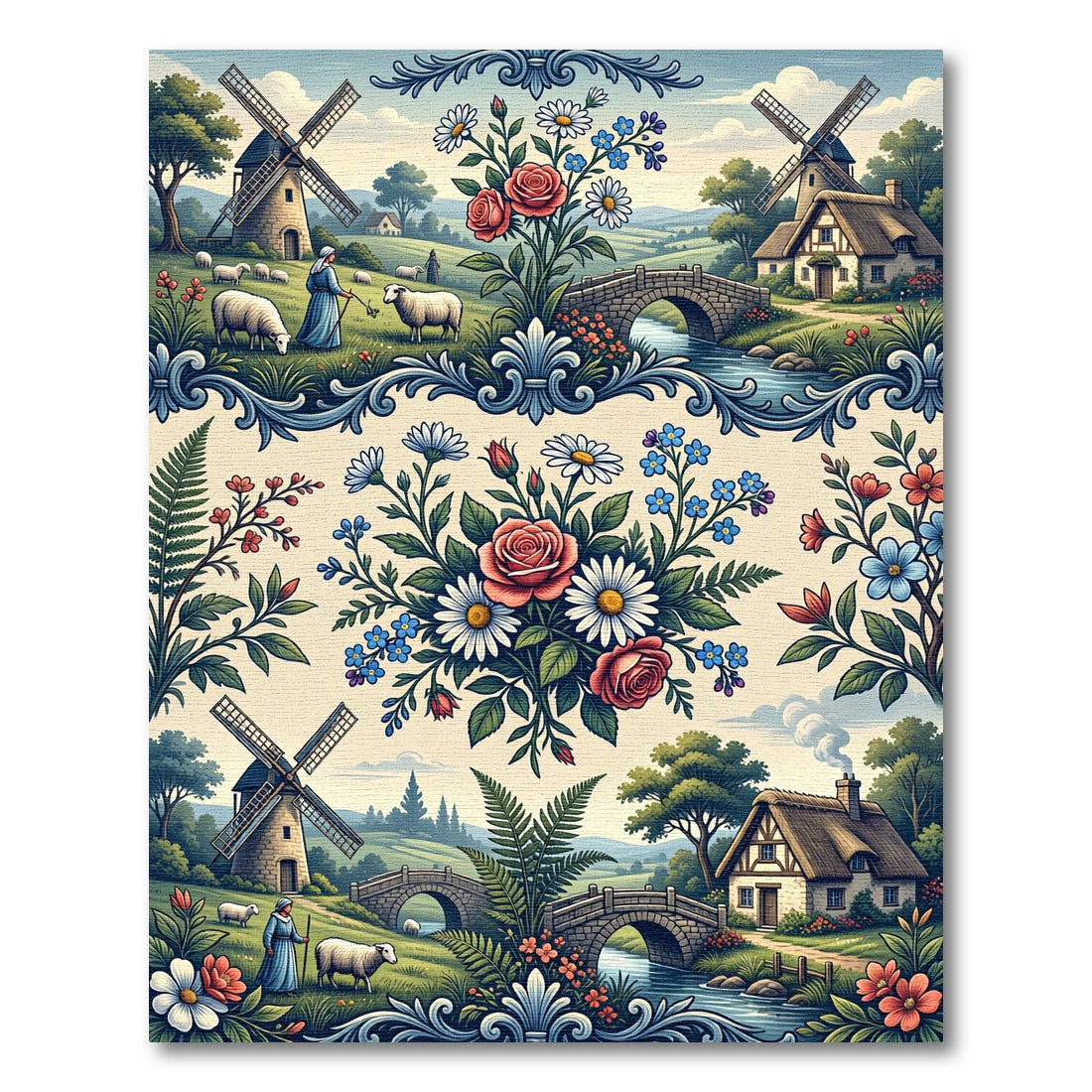 Pastoral Floral Cottage Toile Landscape Rug
