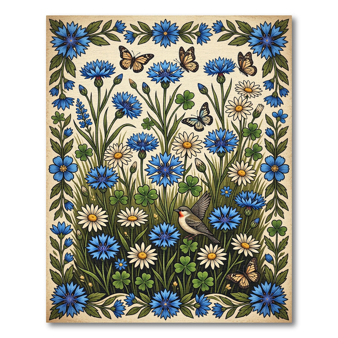 Blue Cornflower and Daisy Botanical Meadow Rug