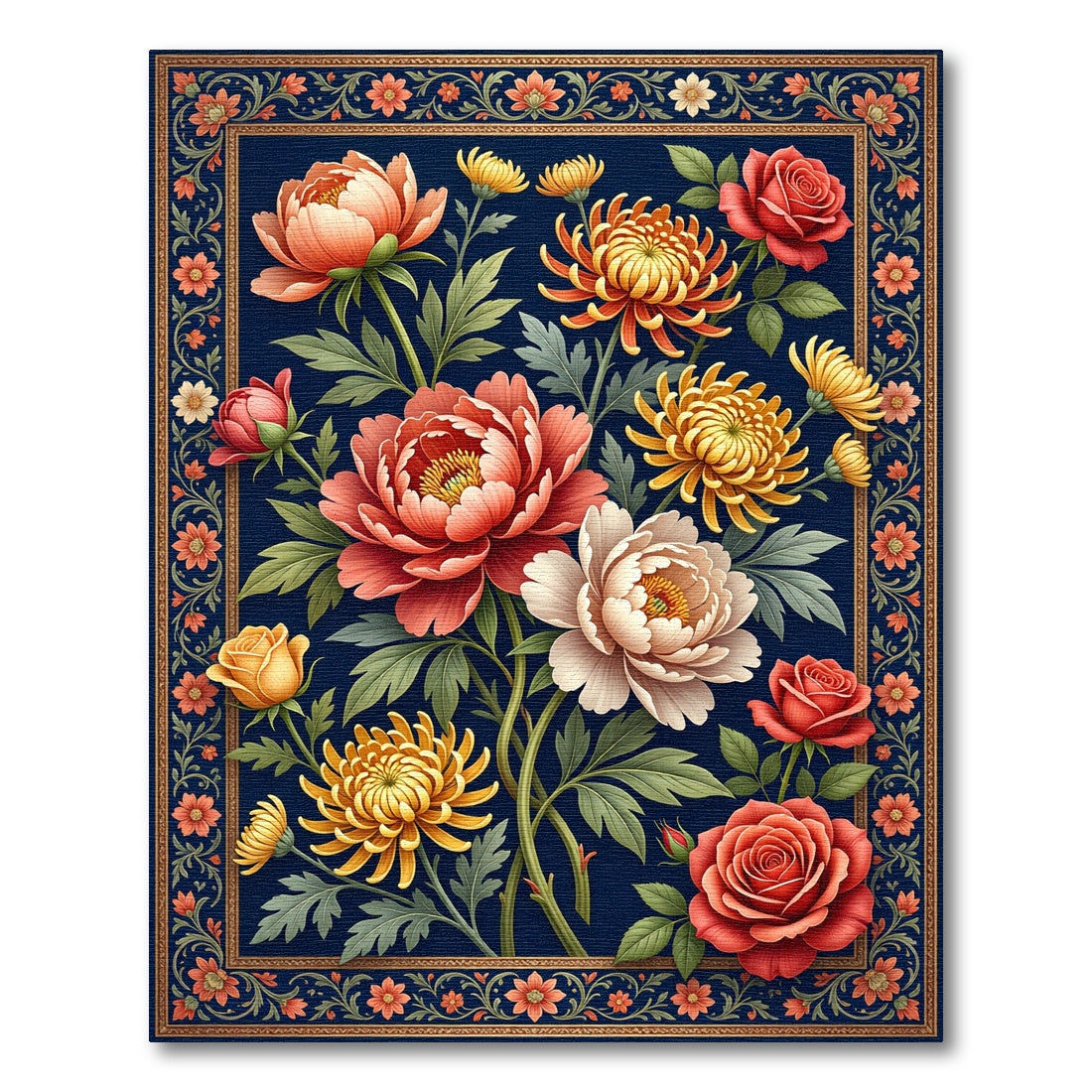Elegant Navy Floral Bouquet Art Rug