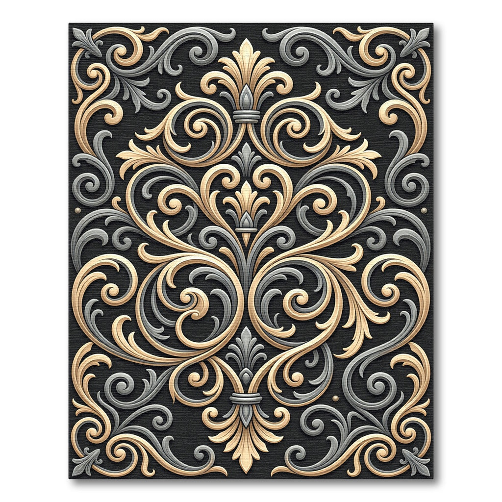 Elegant Gold Silver Scrollwork Rug