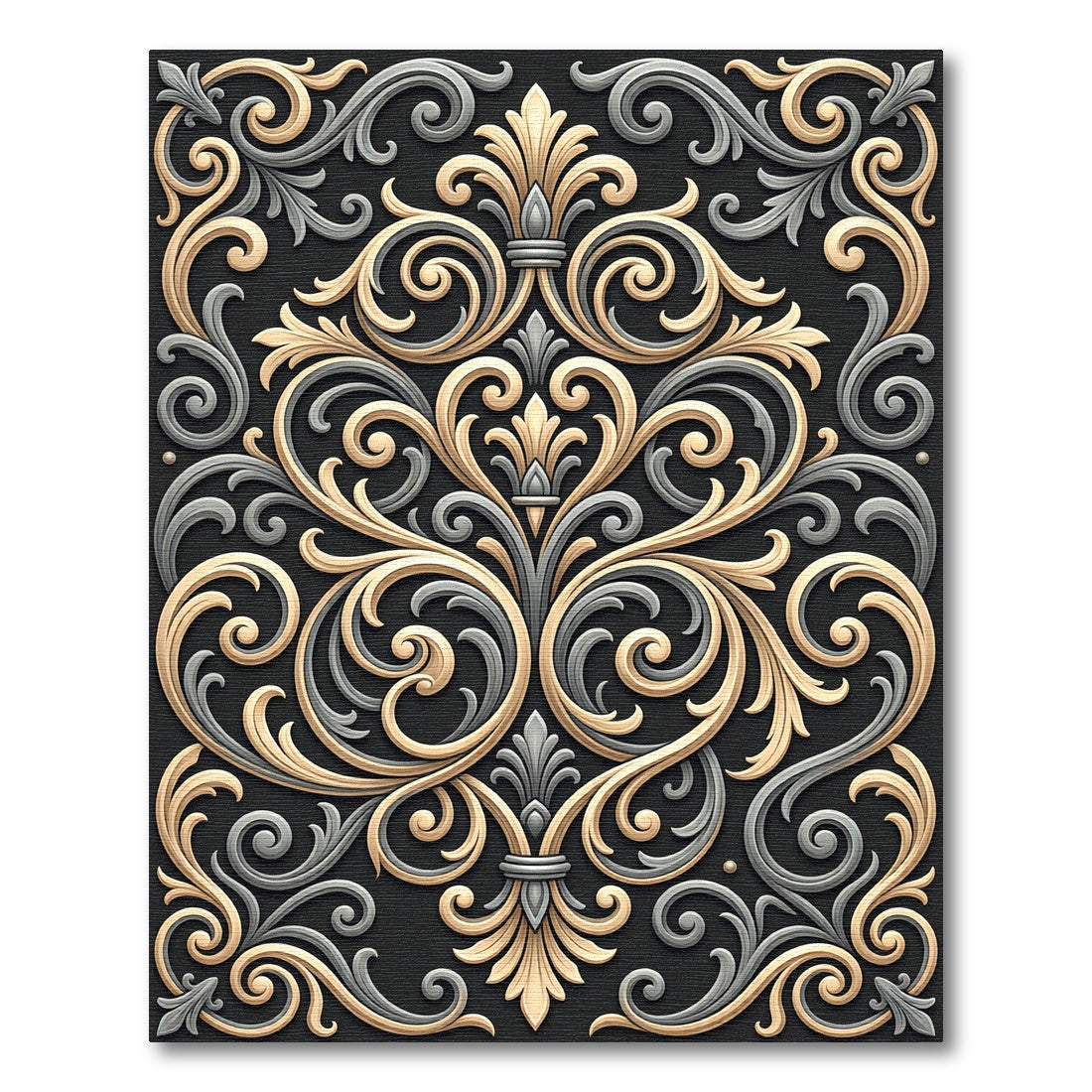 Elegant Gold Silver Scrollwork Rug