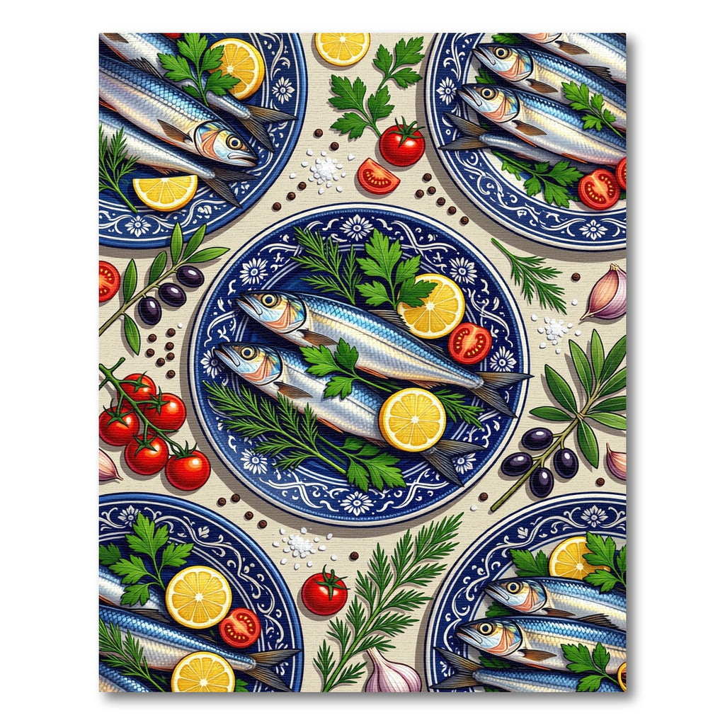 Mediterranean Anchovy Lemon Blue Floral Plate Rug