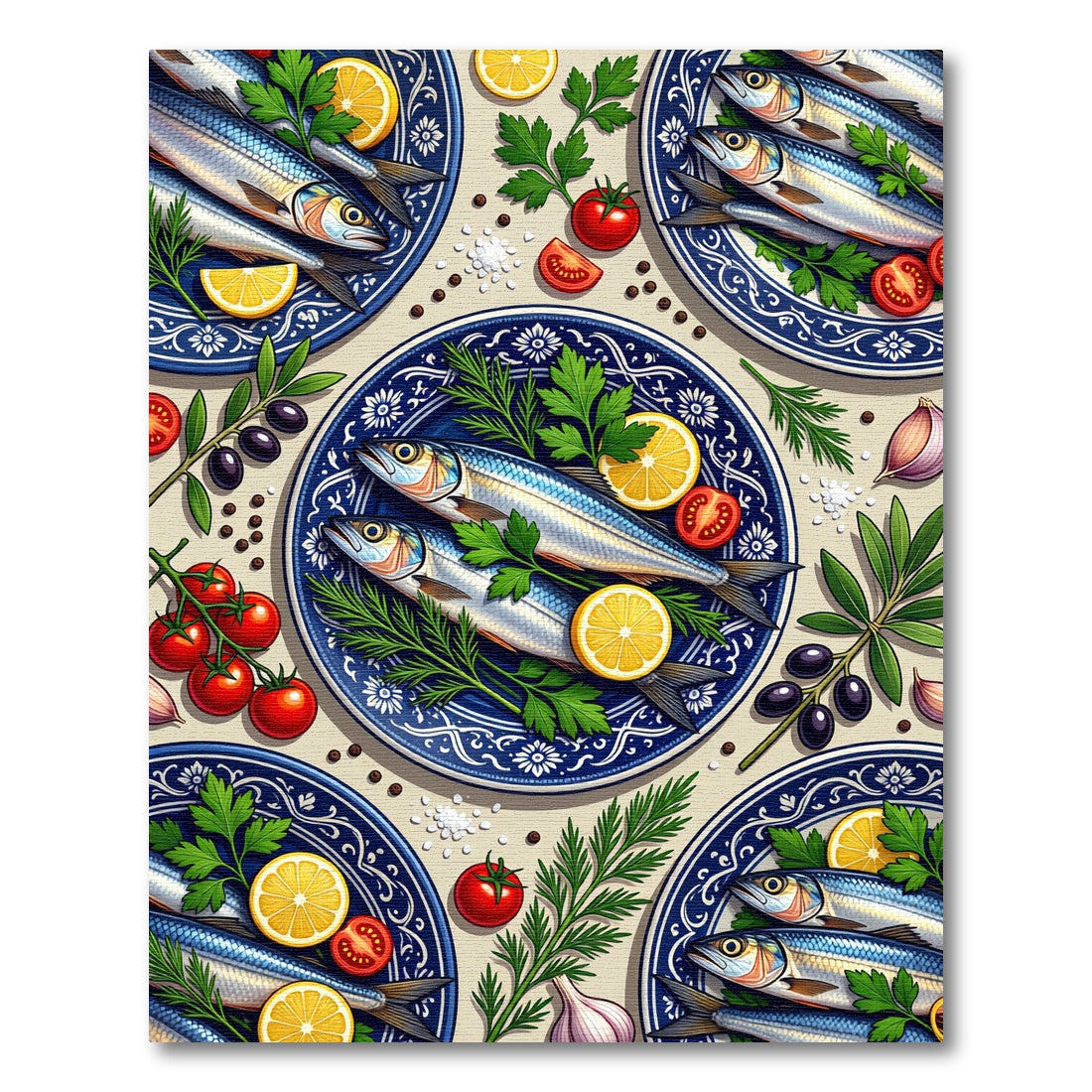 Mediterranean Anchovy Lemon Blue Floral Plate Rug