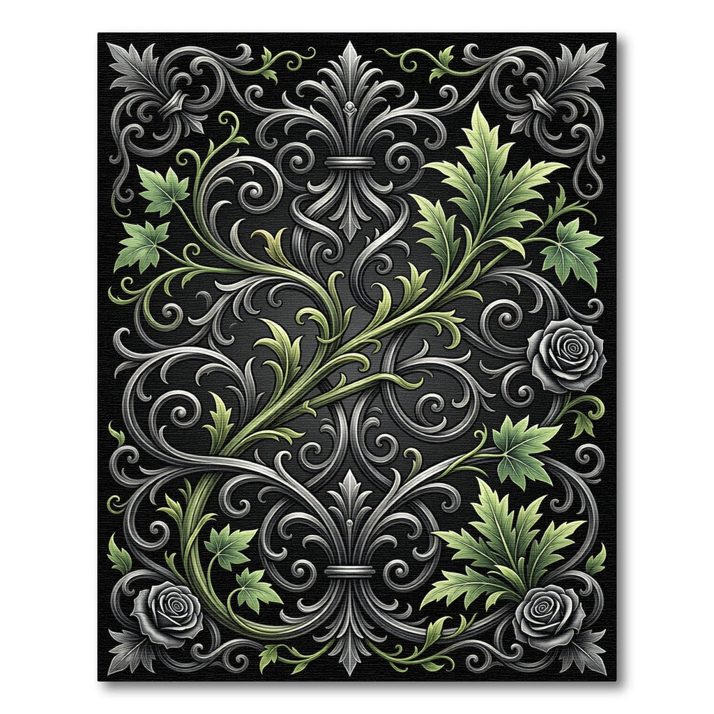 Ornate Silver Green Floral Scroll Rug