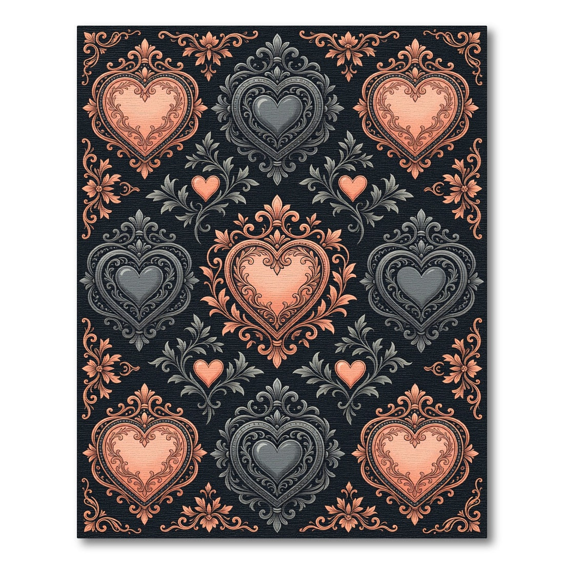 Ornate Rose Gold Gray Heart Medallions Rug