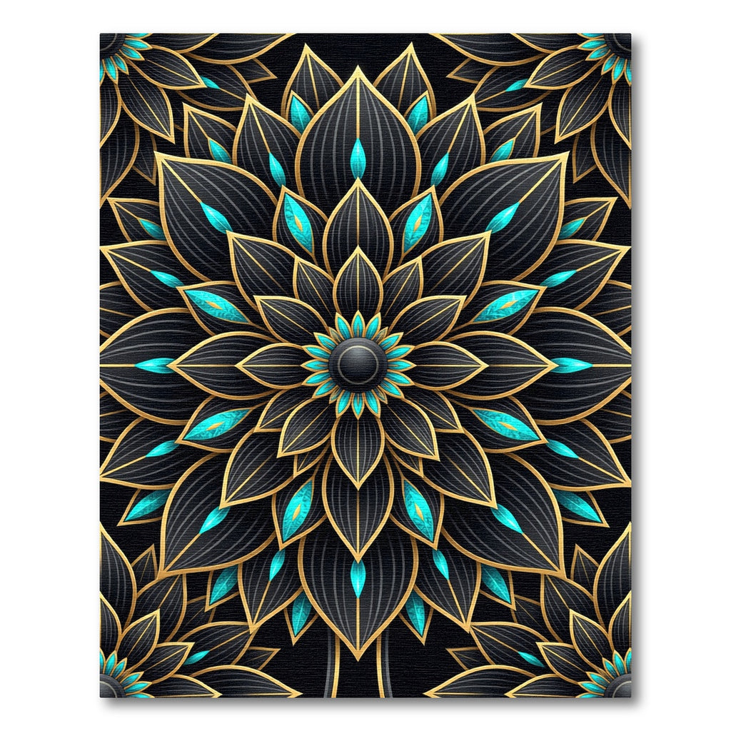 Black Gold Teal Floral Mandala Rug