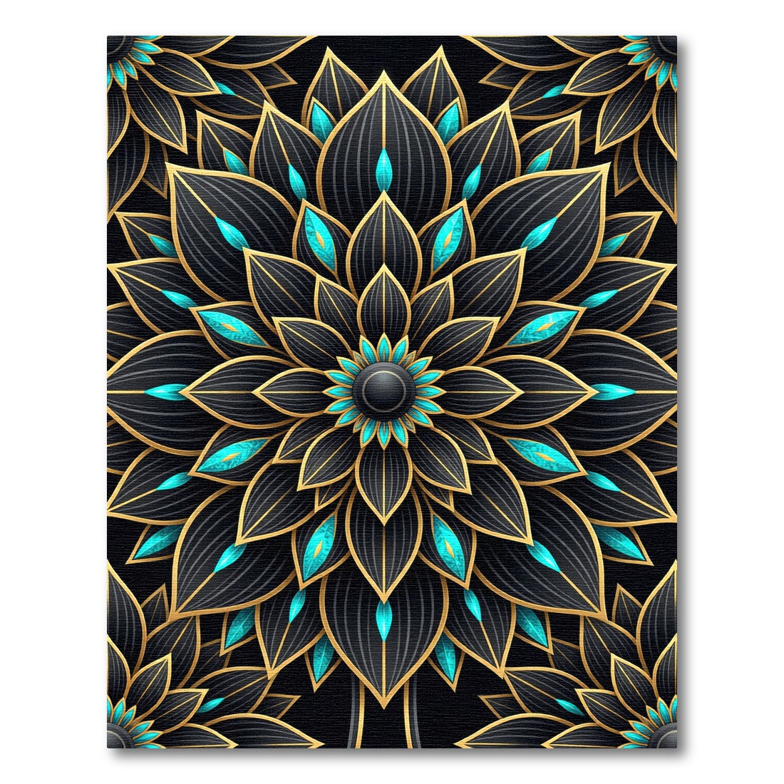 Black Gold Teal Floral Mandala Rug