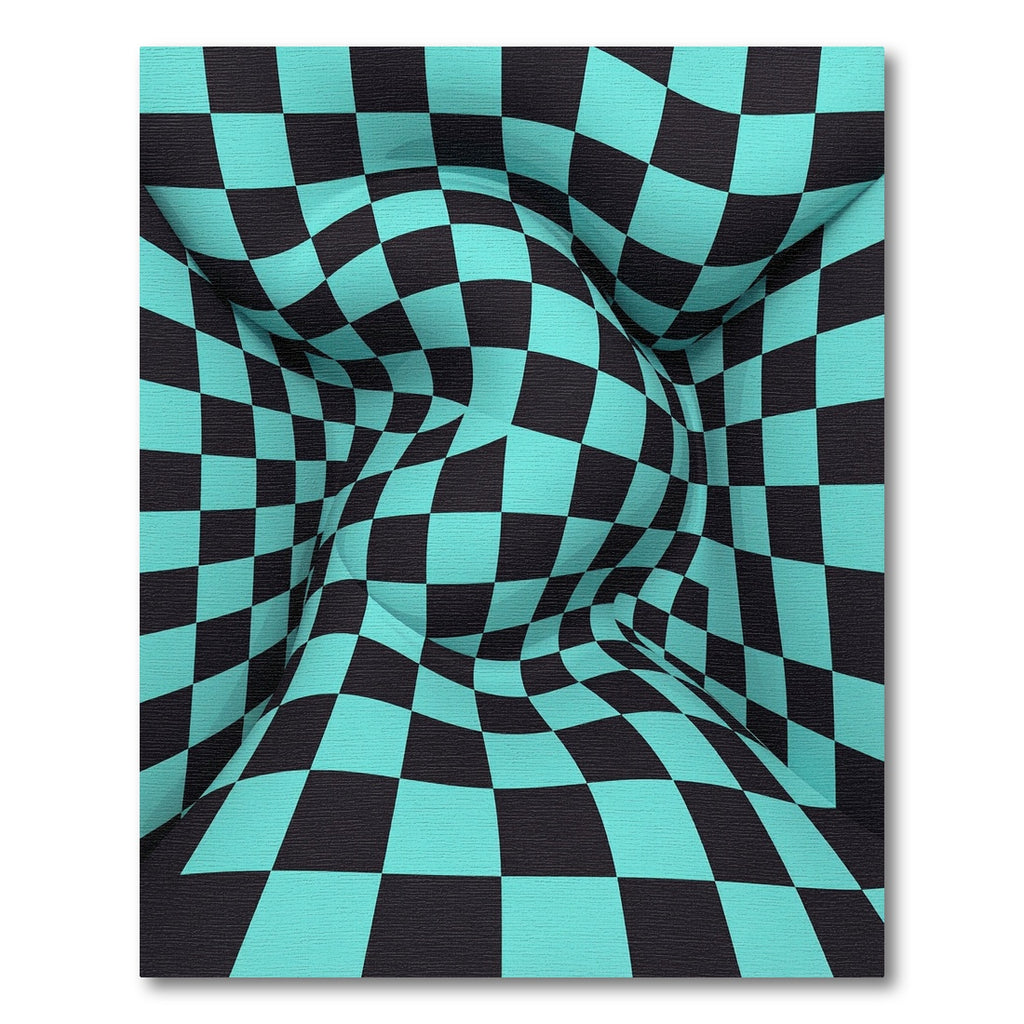 Abstract Teal and Black Warped Checkerboard Rug