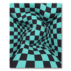 Abstract Teal and Black Warped Checkerboard Rug